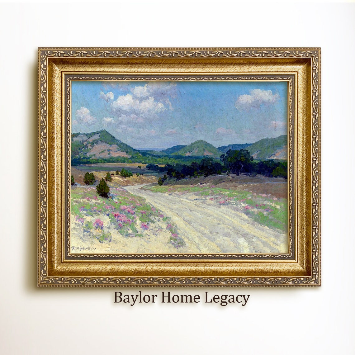 Framed Texas Landscape Oil Painting Print On Tx Hill Country Art Print Of Antique Painting In Wood Frame Texas Fine Art