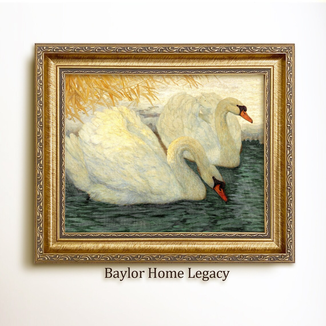 White Swans Vintage Pair Oil Painting Art Print