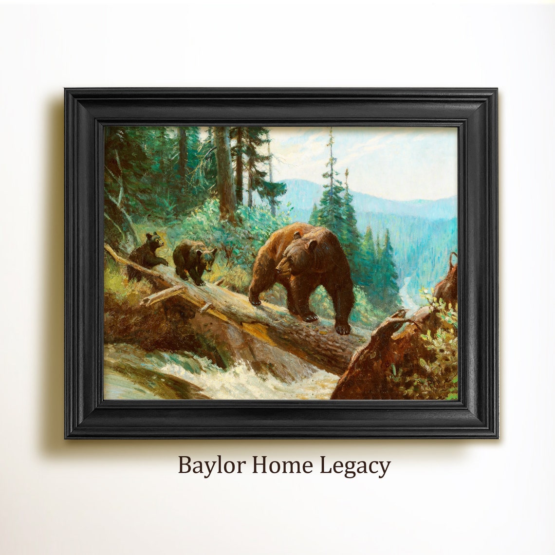 Grizzly Bear With Cubs Crossing Log Mountain Stream Painting Art Print