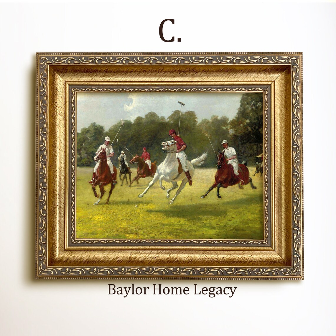 Vintage Polo Players Scene Oil Painting Art Print - Image 3