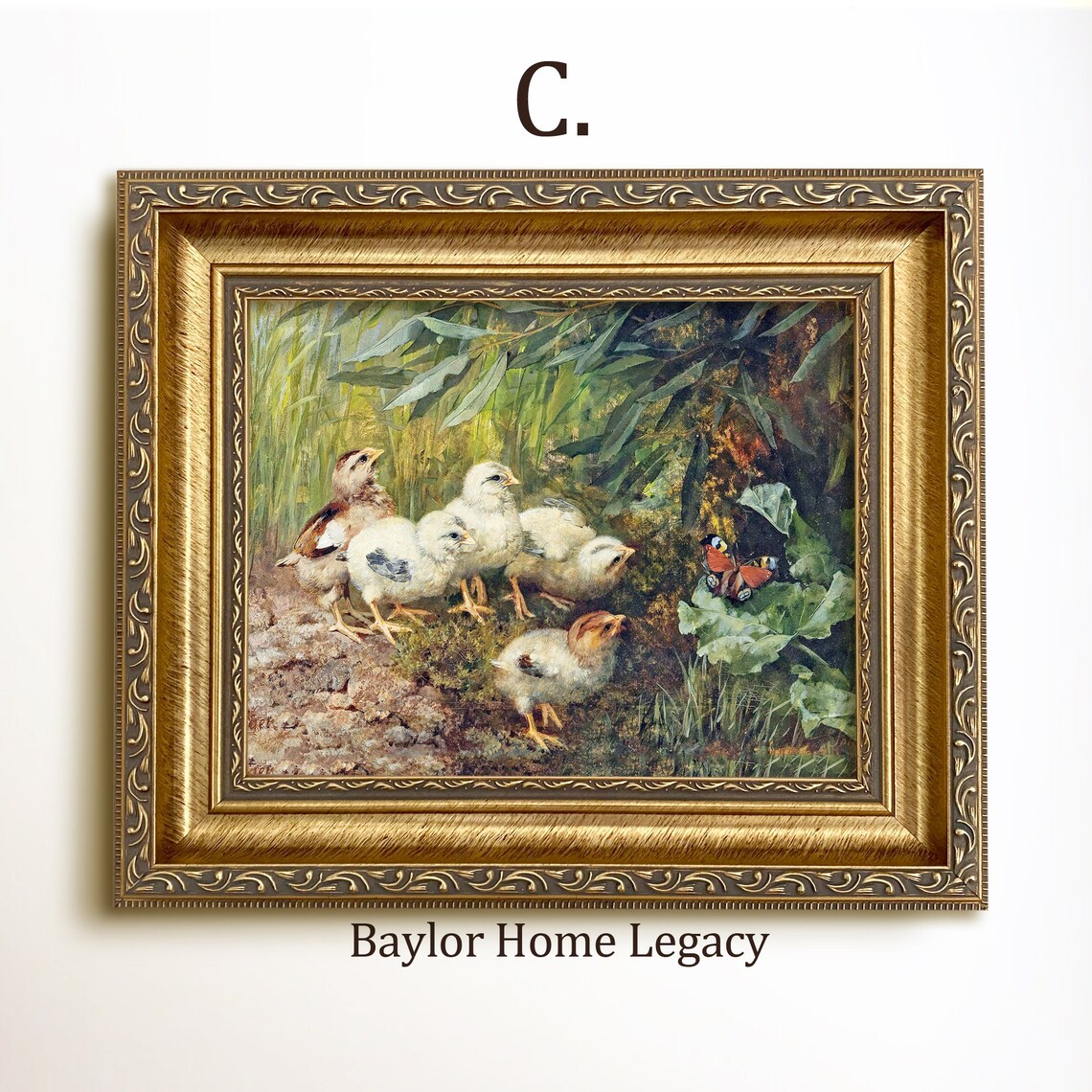 Baby Chicks With Butterfly Vintage Farmyard Oil Painting Art Print - Image 3