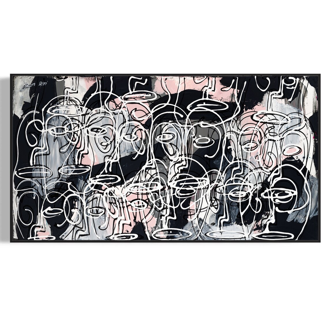 Wide Crowd of White Line Faces on Black Abstract Panorama Poster - Image 4