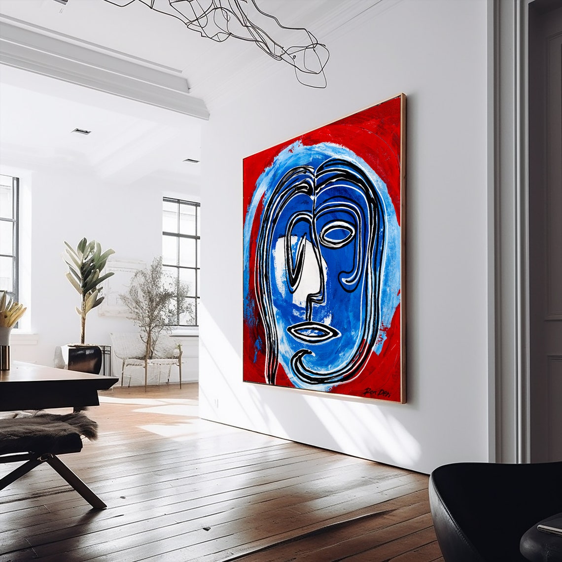 Blue Line Art Face on Bold Red Background Modern Portrait Poster