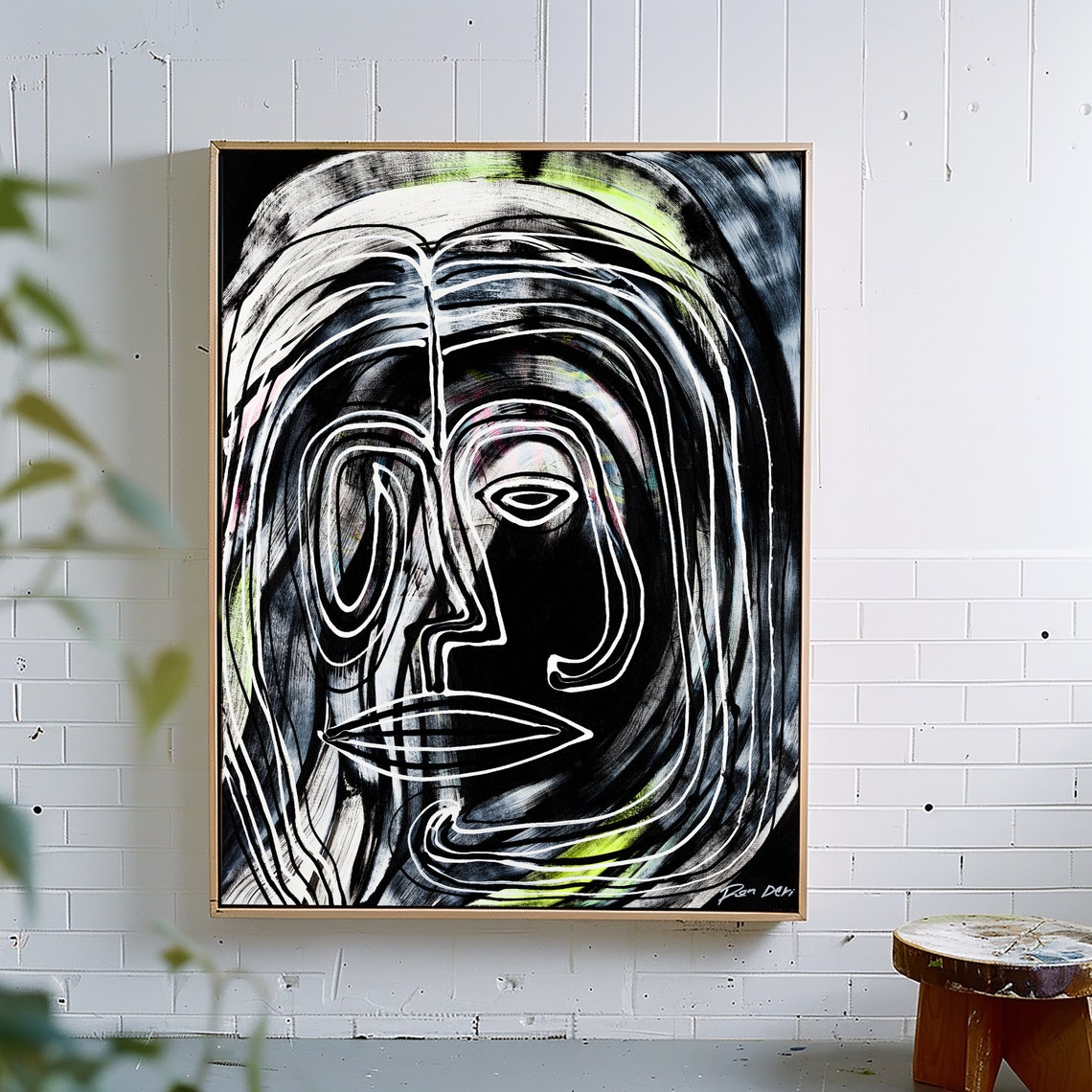 Black and White Line Face Green Accents Dramatic Abstract Poster - Image 5