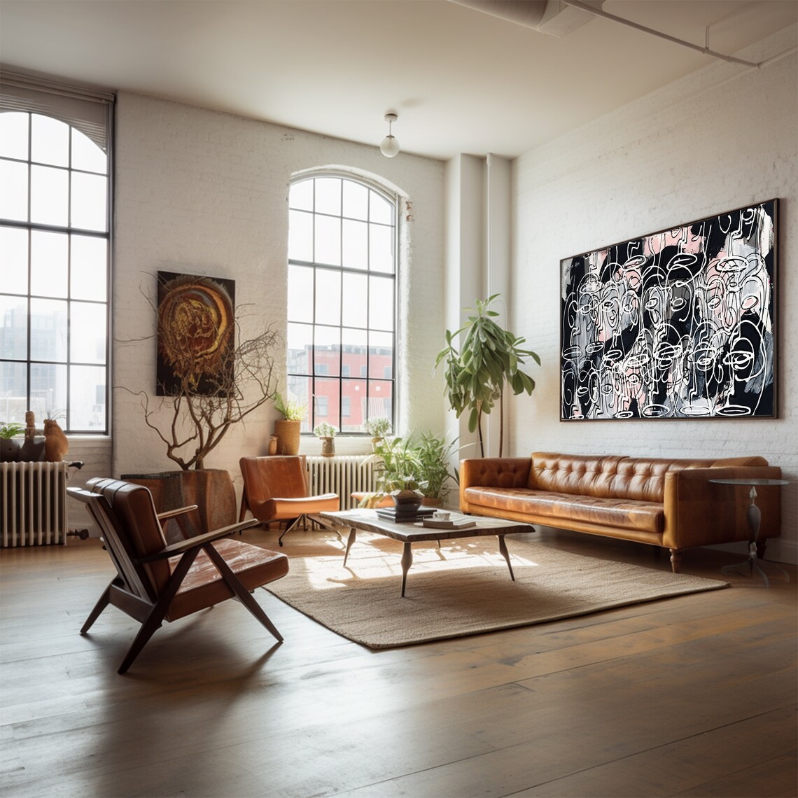 Wide Crowd of White Line Faces on Black Abstract Panorama Poster - Image 3