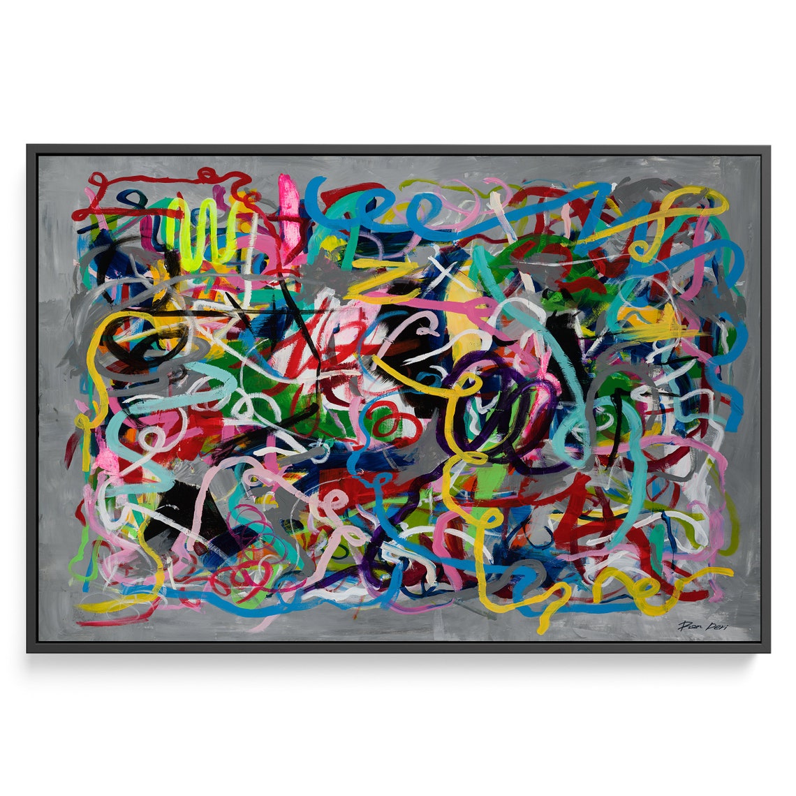 Neon Rainbow Scribbles on Gray Wide Modern Abstract Decor Poster - Image 5