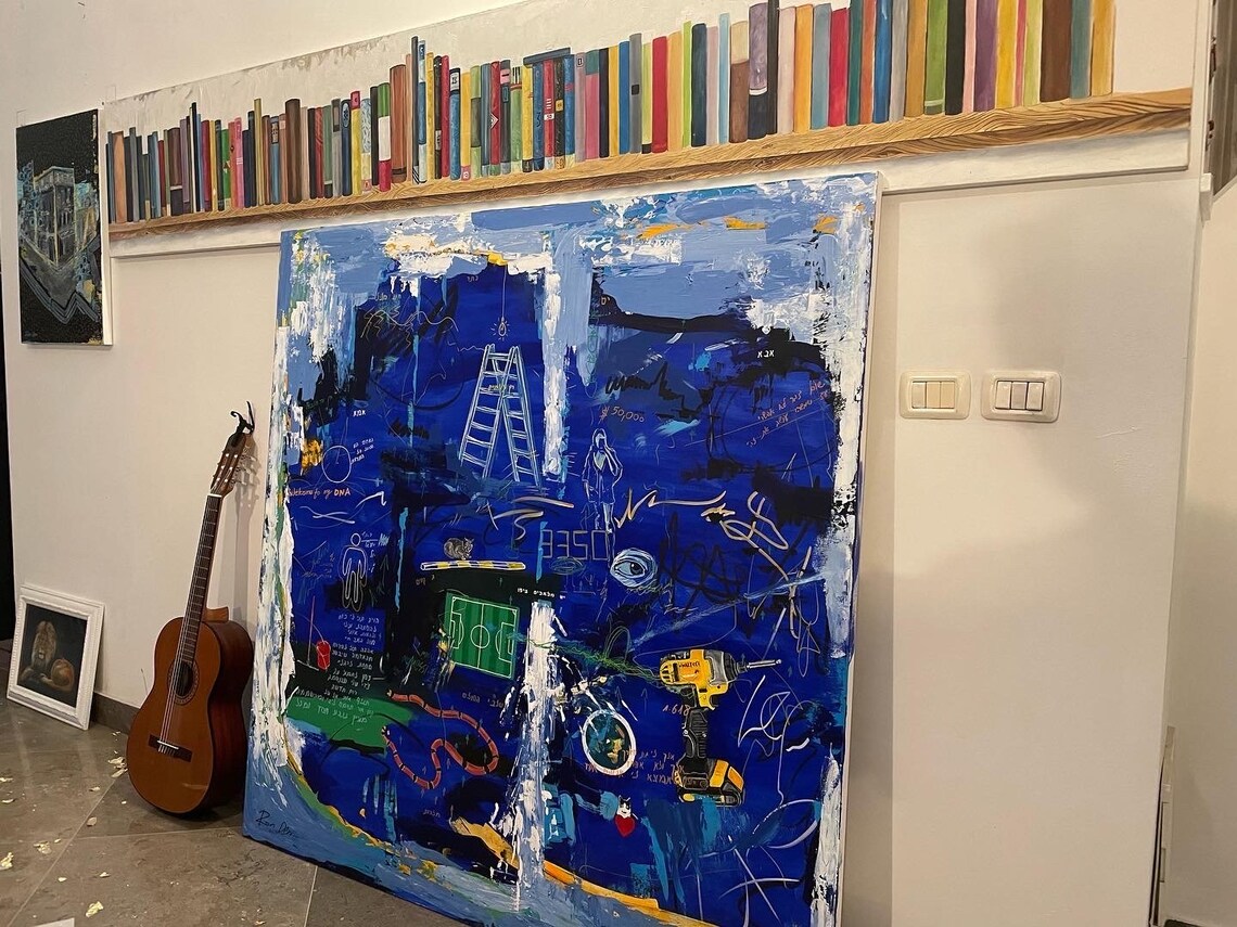 Angels In Jaffa Deep Blue Symbolic Mixed Media Painting Poster - Image 3