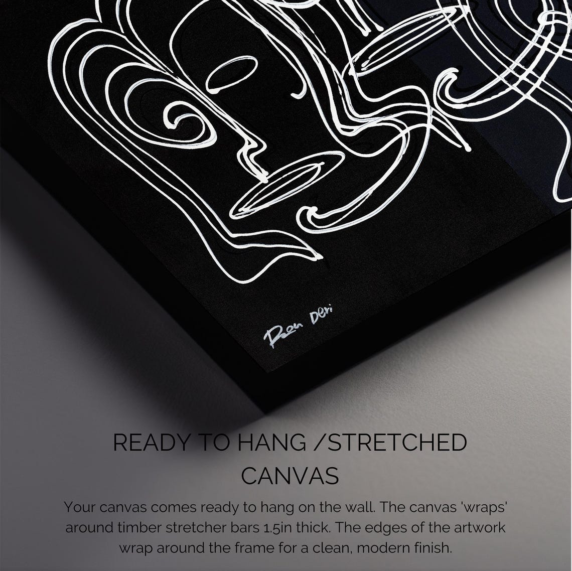 White Line Faces Black Wide Modern Abstract Gallery Style Poster - Image 3
