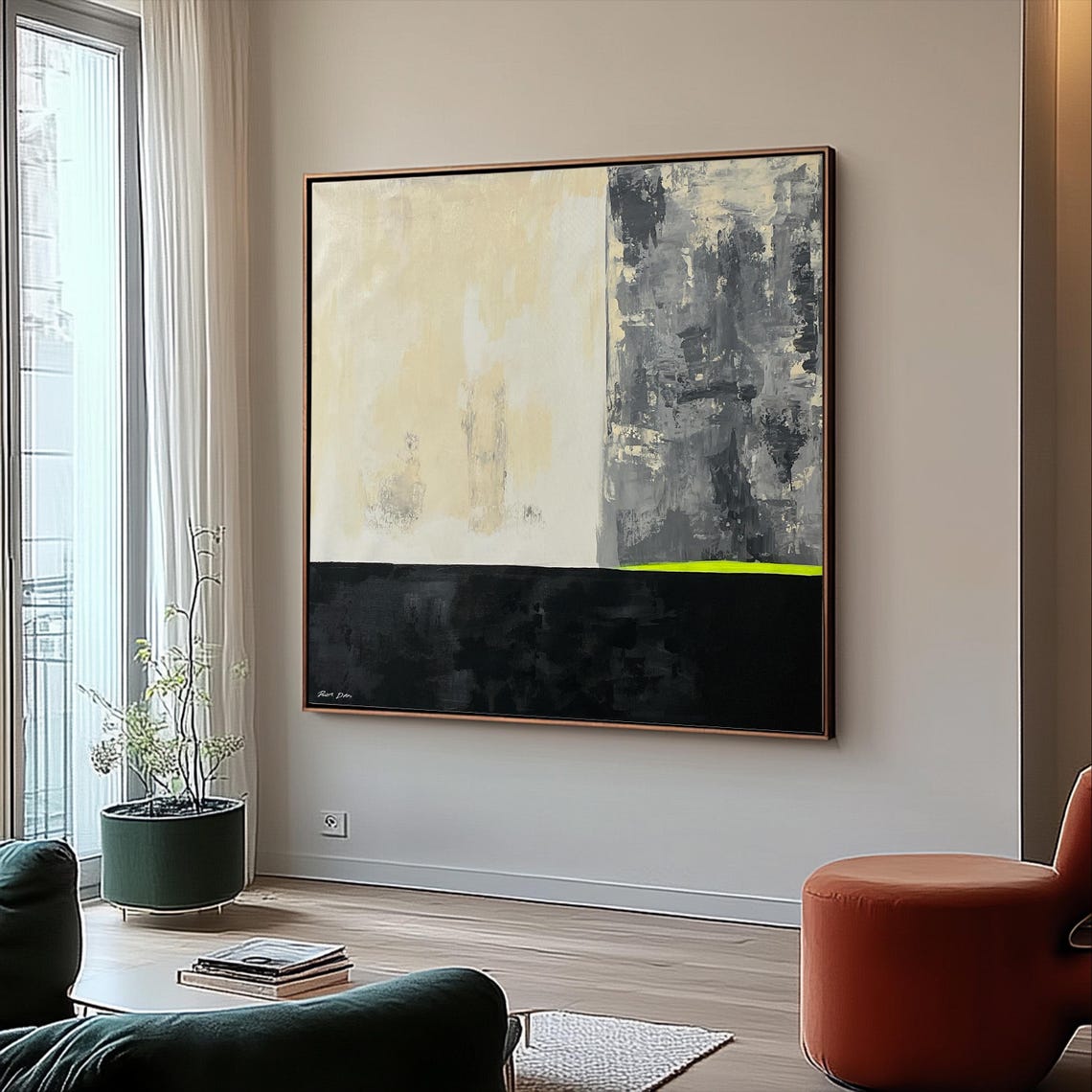 Black White and Gray Blocked Minimalist Abstract with Neon Poster - Image 4