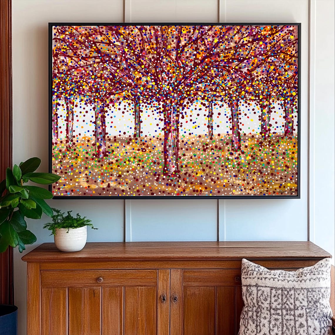 Vibrant Dotted Autumn Forest Square Abstract Landscape Poster - Image 5