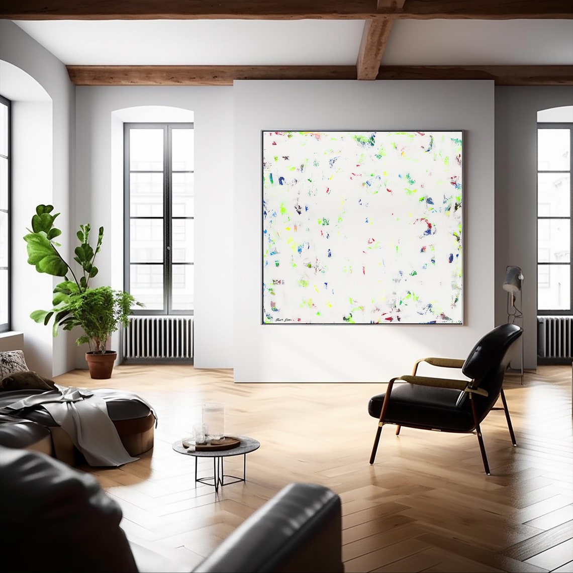 White Minimalist Abstract with Scattered Neon Color Flecks Poster - Image 4