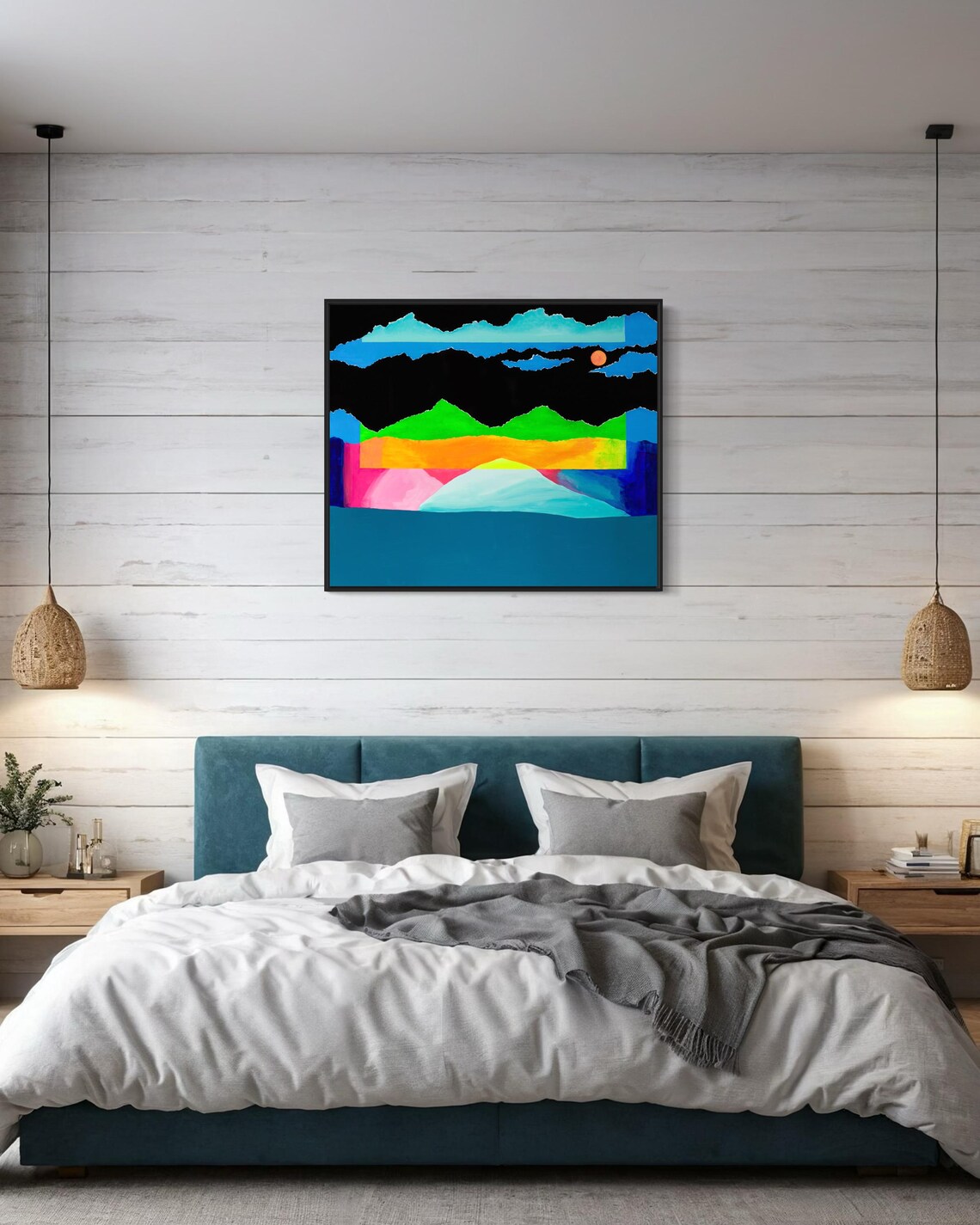Pop Art Mountain Lake Poster with Red Sun Over Teal Water Hills - Image 3