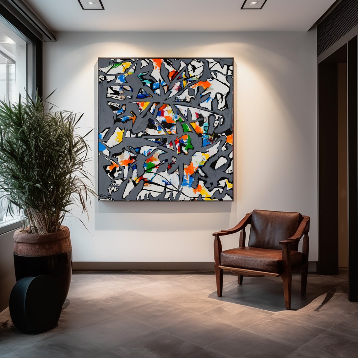 Gray Web Lines Over Colorful Textured Ground Abstract Art Print - Image 3