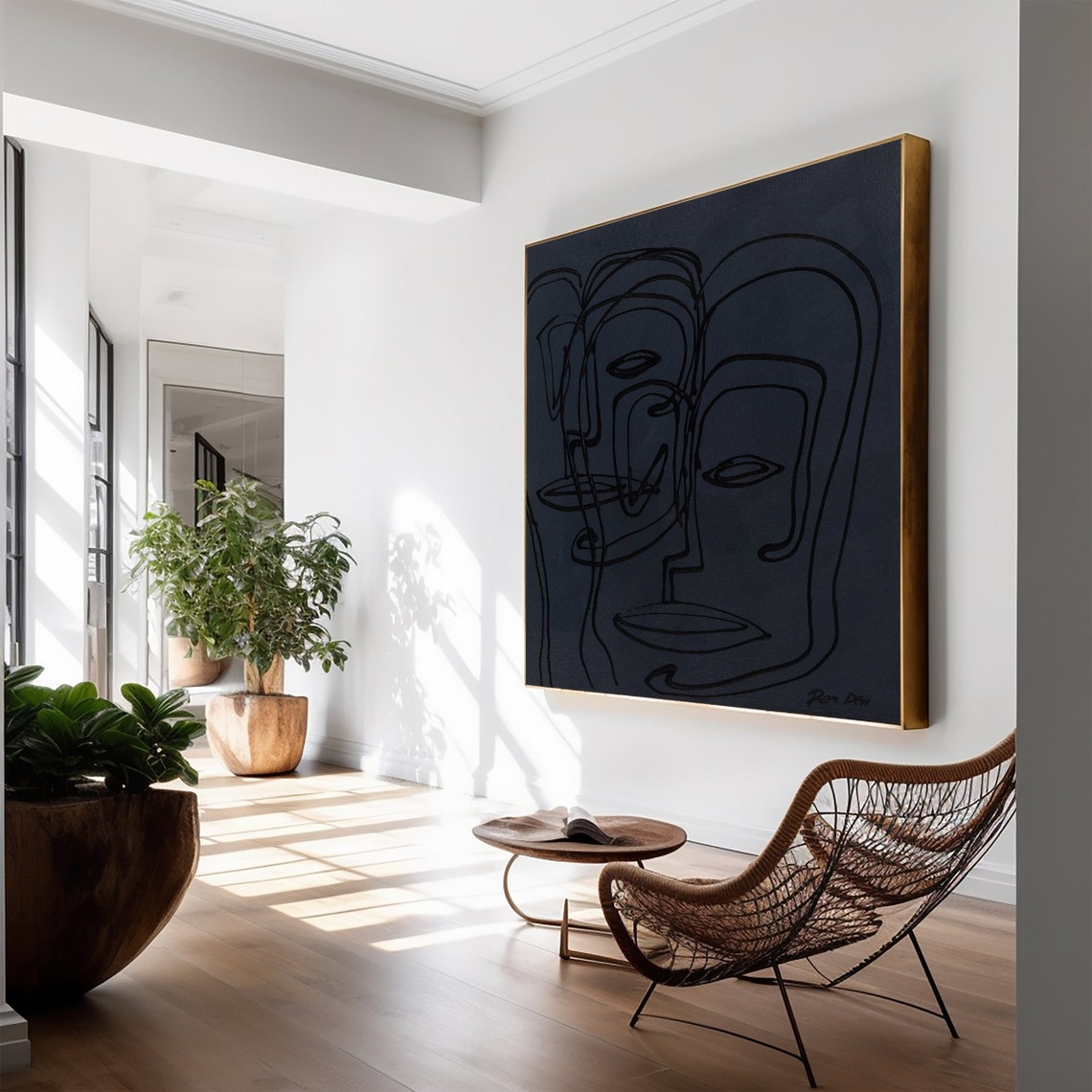 Dark Line Art Faces on a Navy Black Square Modern Abstract Poster - Image 3
