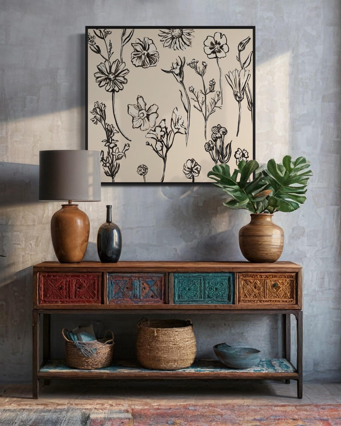 Timeless Blooms Black Ink Botanical Floral Sketch Wall Poster - Image 2