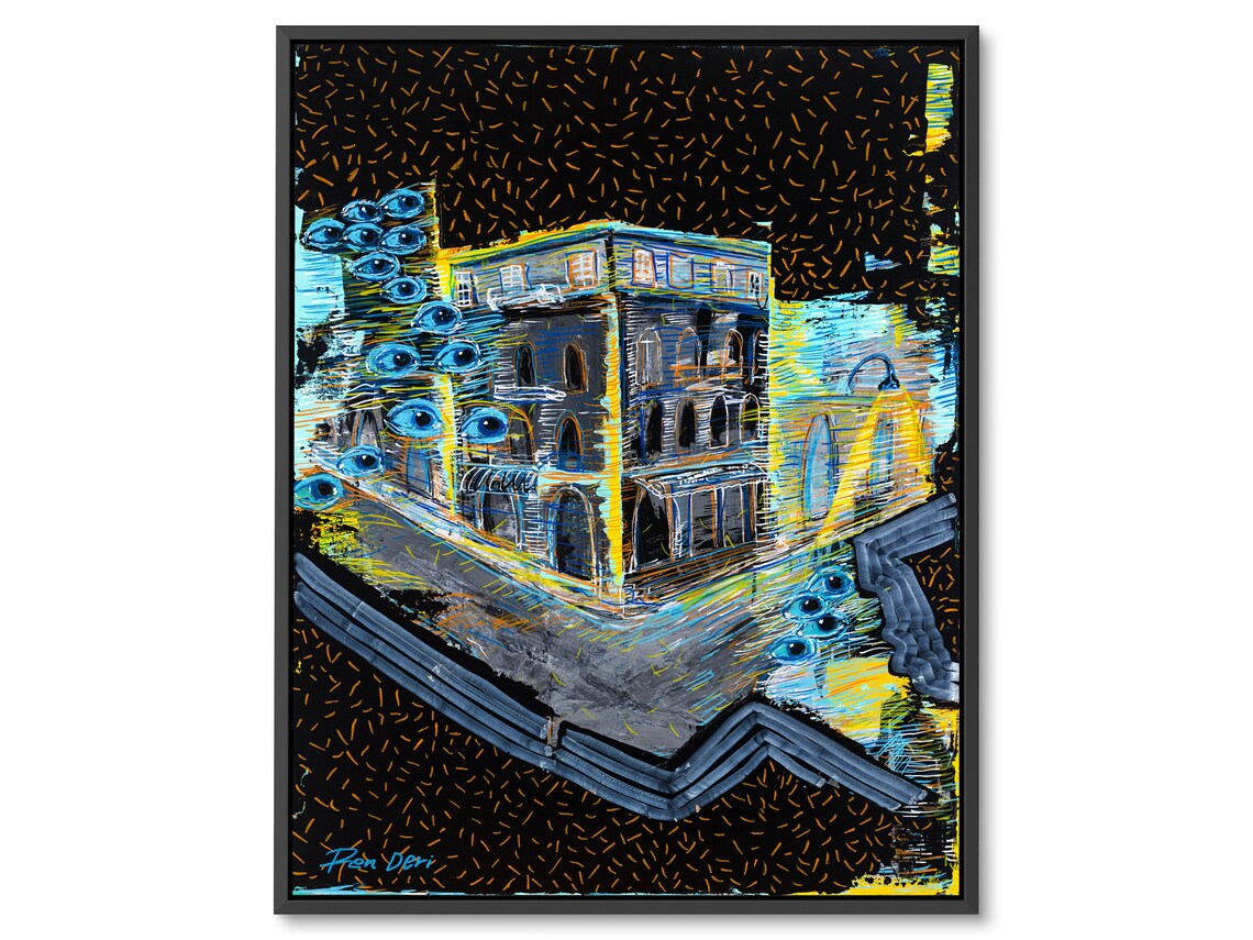 A Desolated Land Surreal Neon Lit Building With Eyes Art Poster