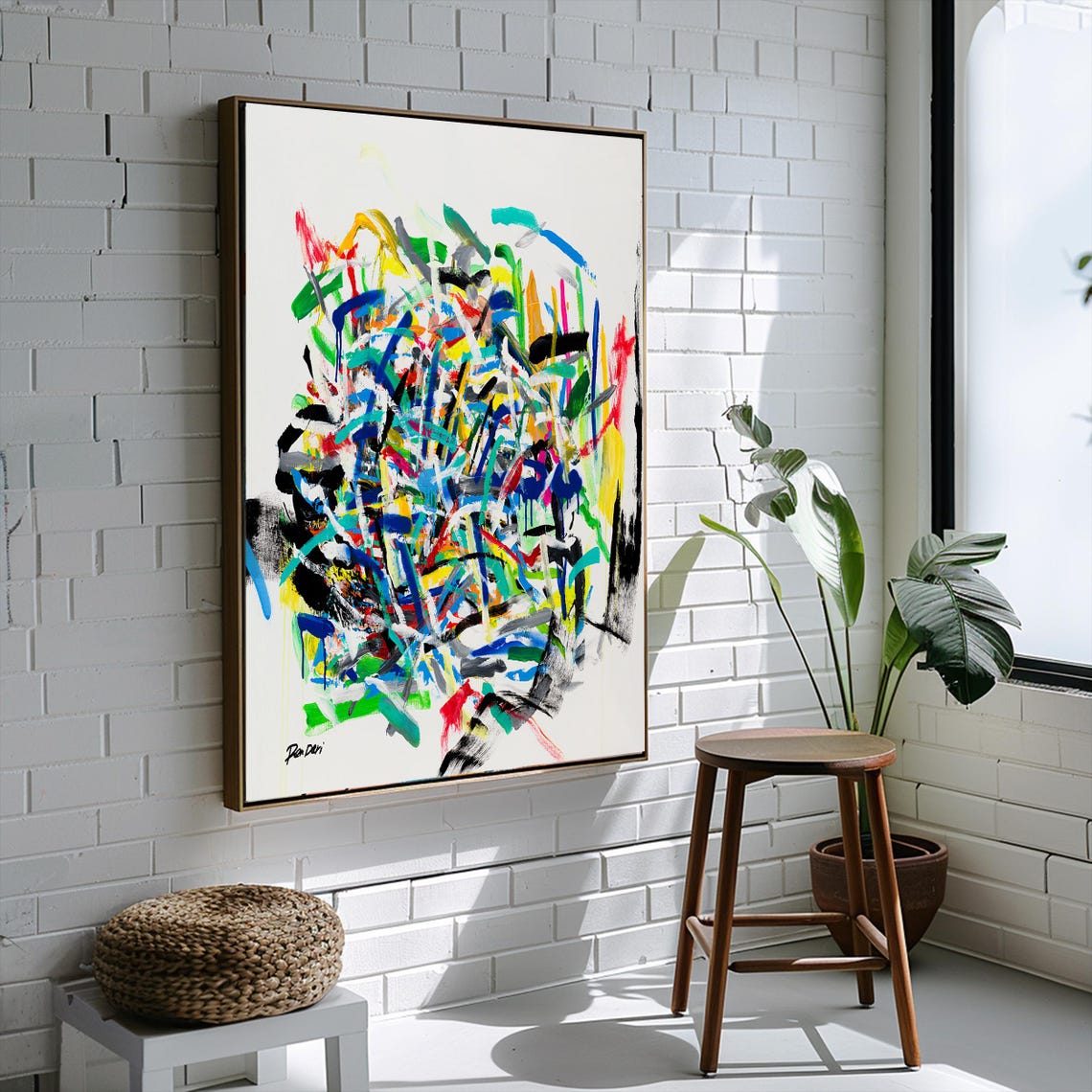 Chaotic Multicolor Brushstrokes on White Framed Abstract Art Poster - Image 3