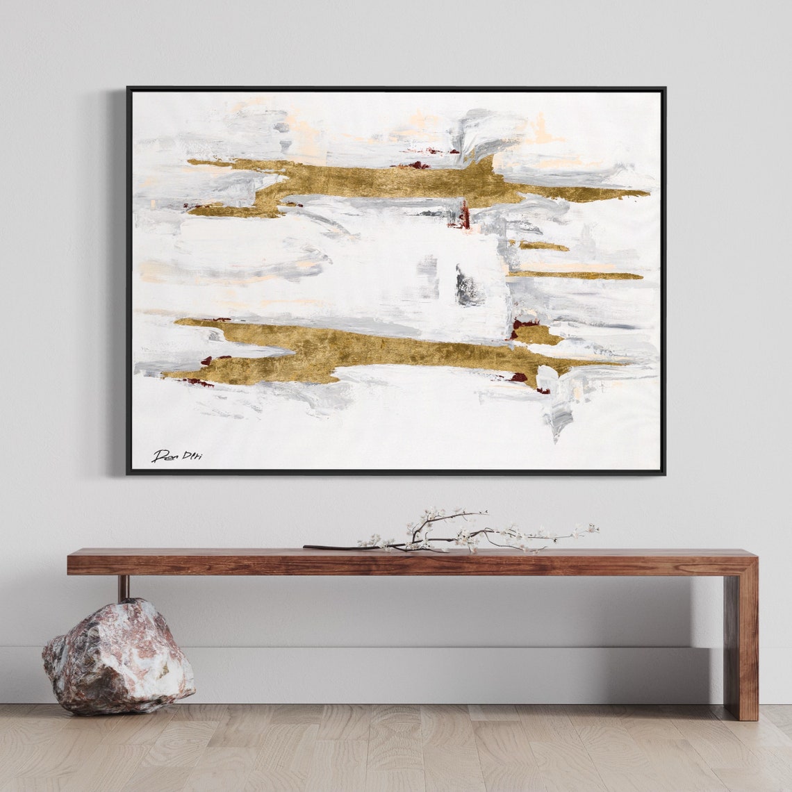 White Gold Horizontal Bands Serene Minimalist Abstract Print - Image 5