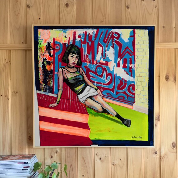 Pop Art Woman on Red Stairs Against Graffiti Wall Figurative Poster
