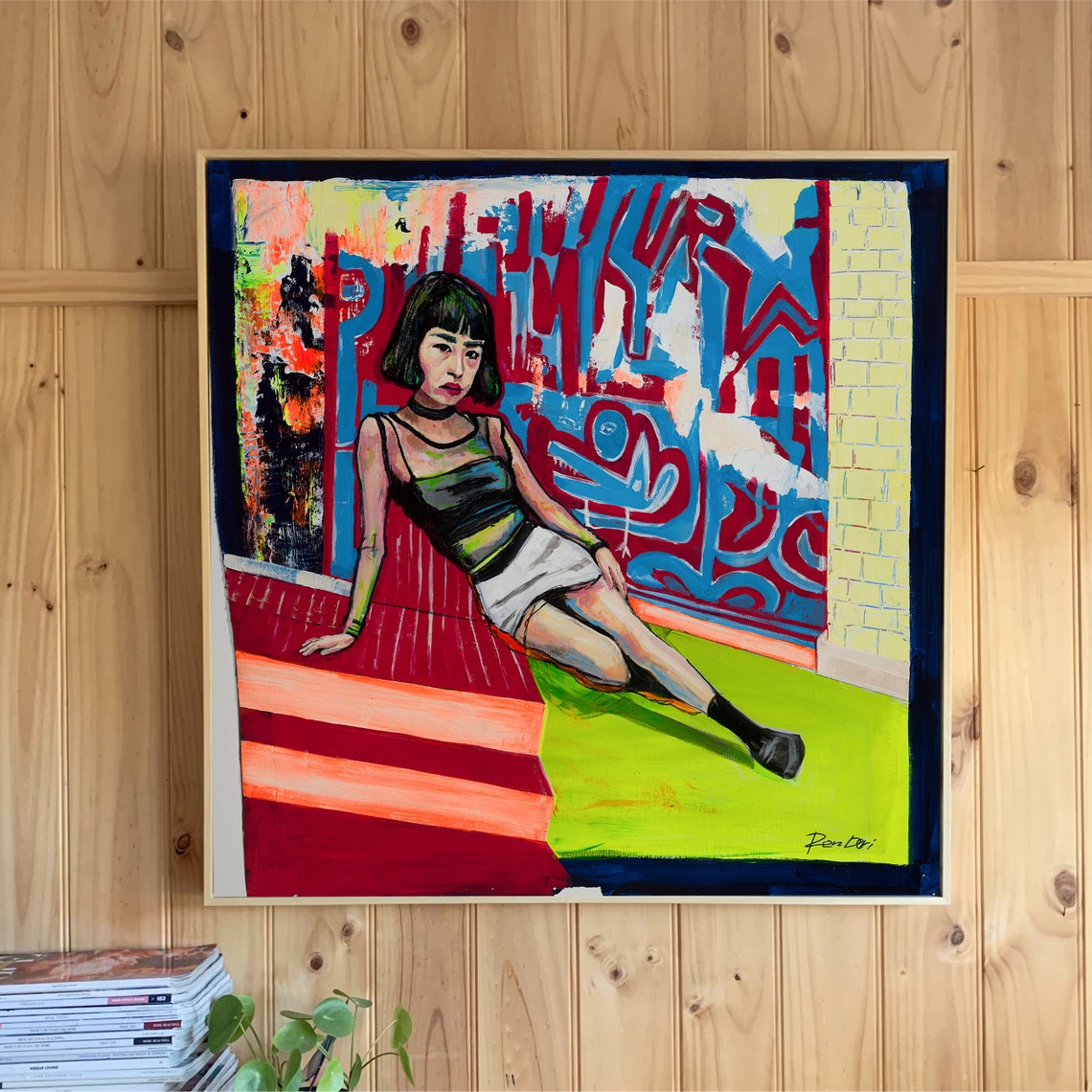 Pop Art Woman on Red Stairs Against Graffiti Wall Figurative Poster