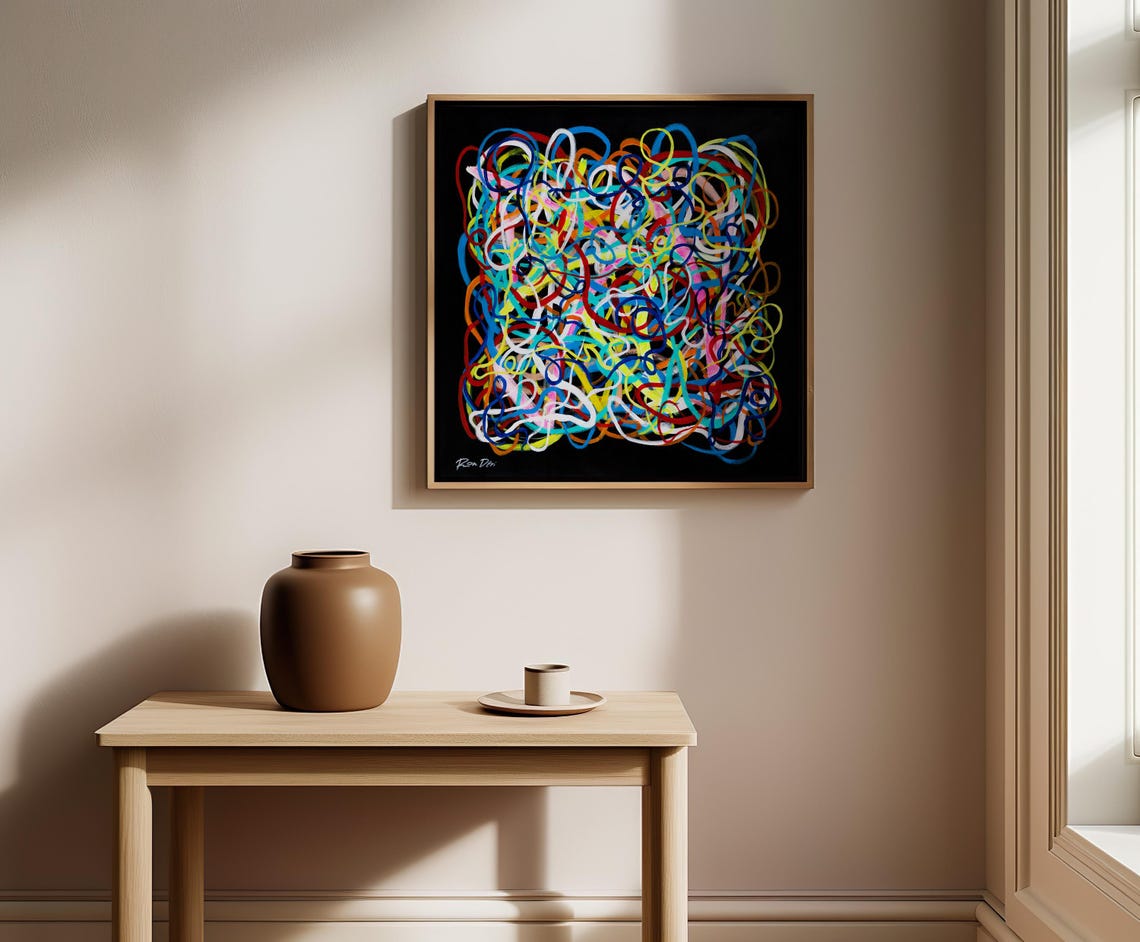 Neon Scribble Line Abstract Poster Electric Doodle Art on Black - Image 4