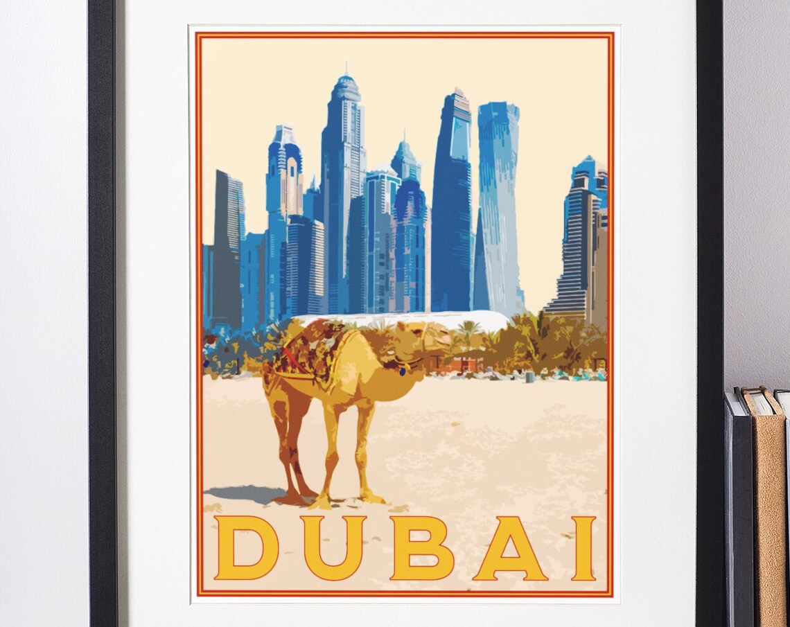 Dubai Desert Camel with City Towers Retro Style Travel Poster