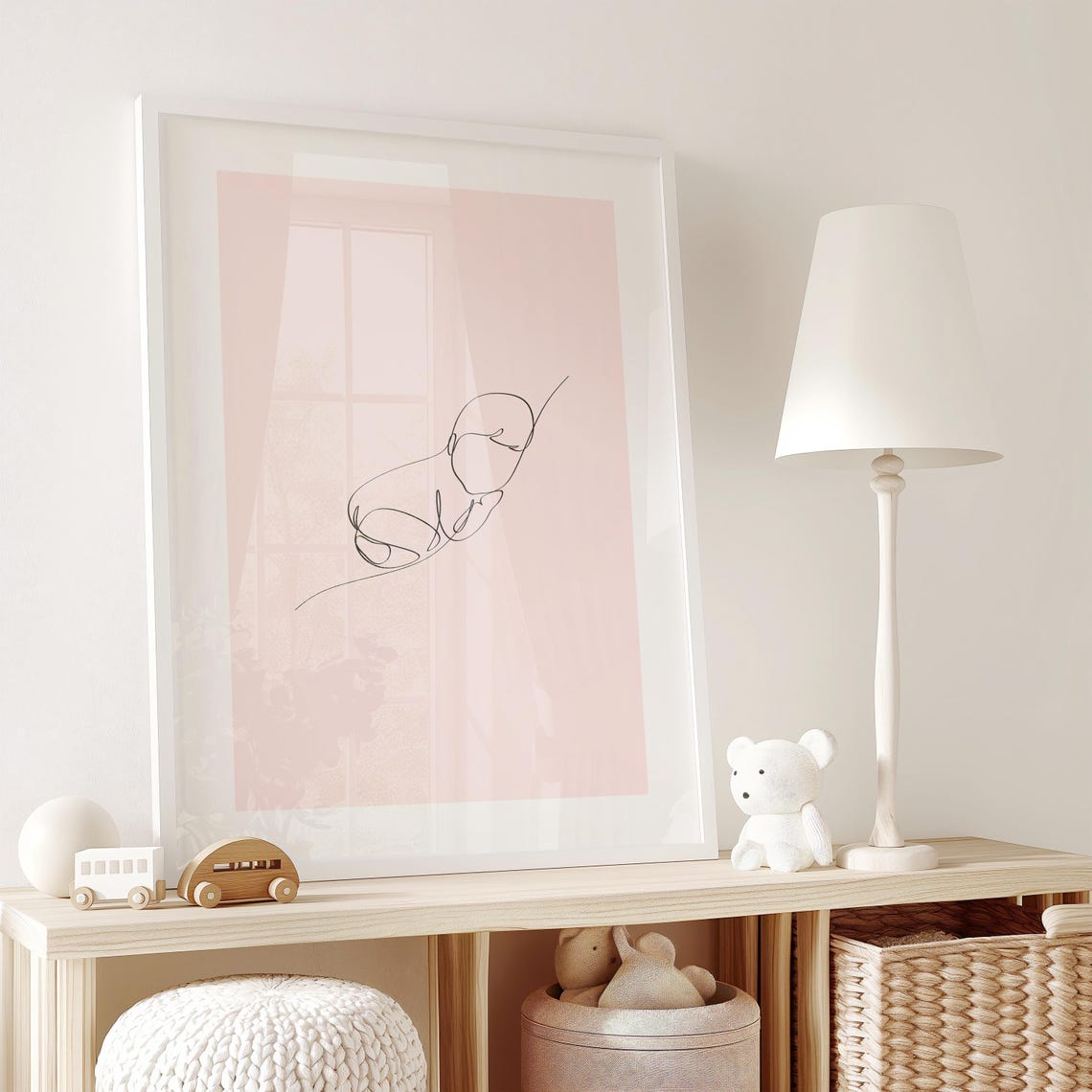 Sleeping Newborn Baby Single Line Art Pink Minimalist Nursery Poster - Image 2