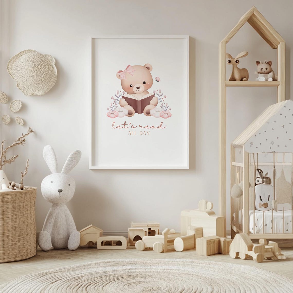 Let's Read All Day Teddy Bear With Book Floral Quote Art Poster - Image 4
