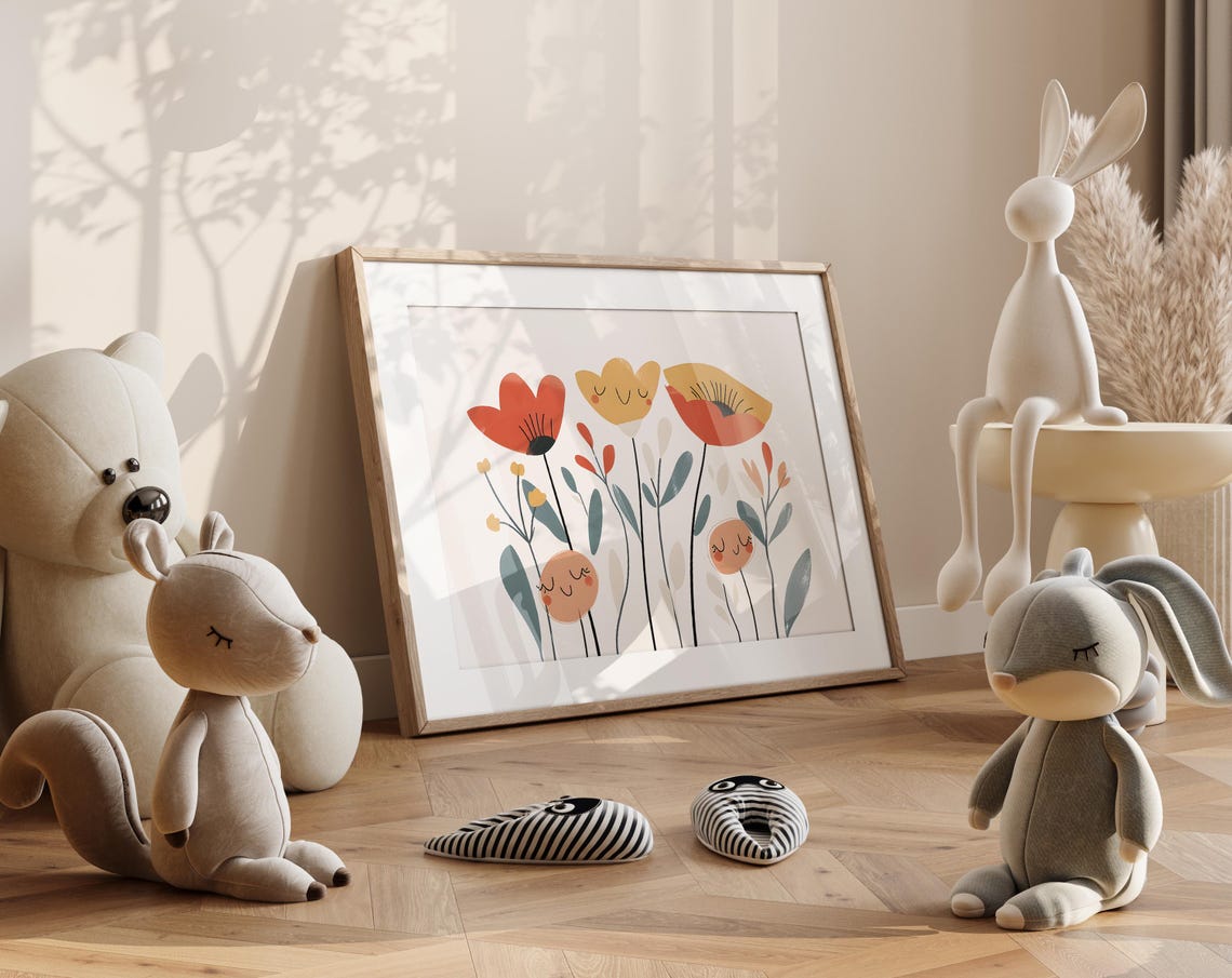 Smiling Poppy Flowers Meadow Modern Playful Kids Wall Decor Poster - Image 4