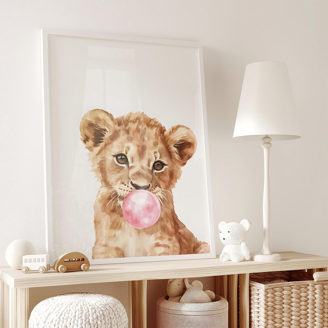 Lion Cub Blowing Pink Bubble Gum Cute Watercolor Kids Room Poster - Image 2