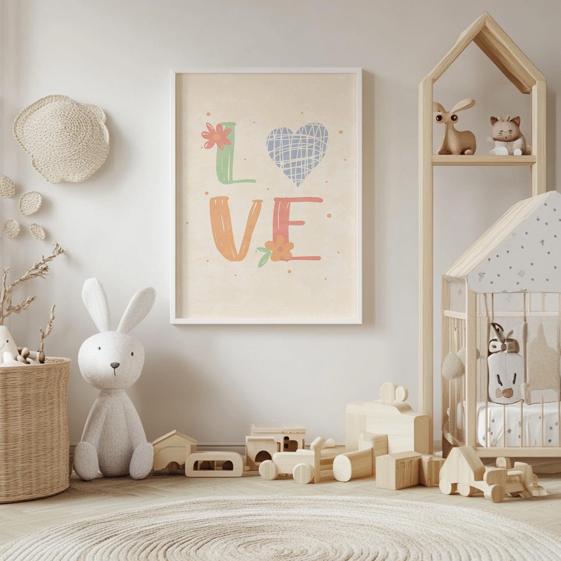 Playful LOVE Floral Typography with a Woven Blue Heart Poster - Image 4
