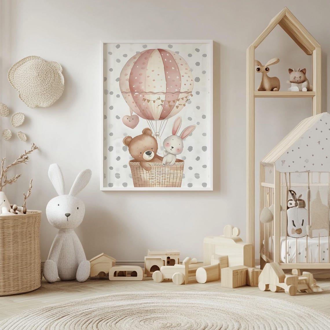 Teddy Bear and Bunny Riding a Pink Hot Air Balloon Nursery Poster - Image 4