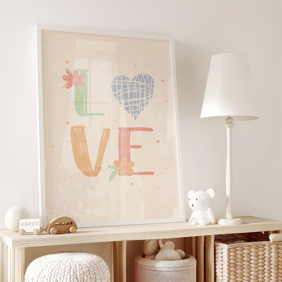 Playful LOVE Floral Typography with a Woven Blue Heart Poster - Image 3