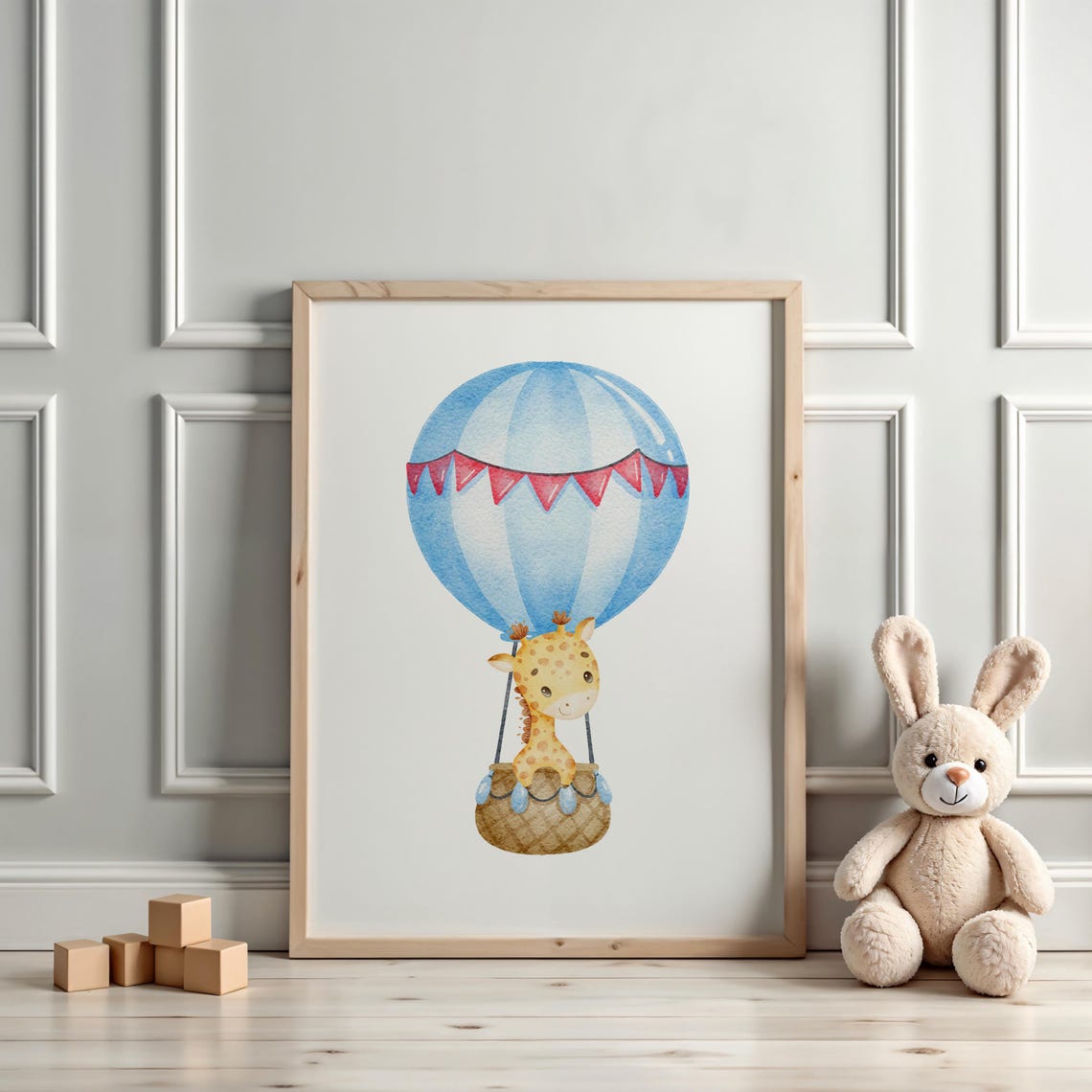 Baby Giraffe Riding In Hot Air Balloon Watercolor Nursery Poster - Image 3