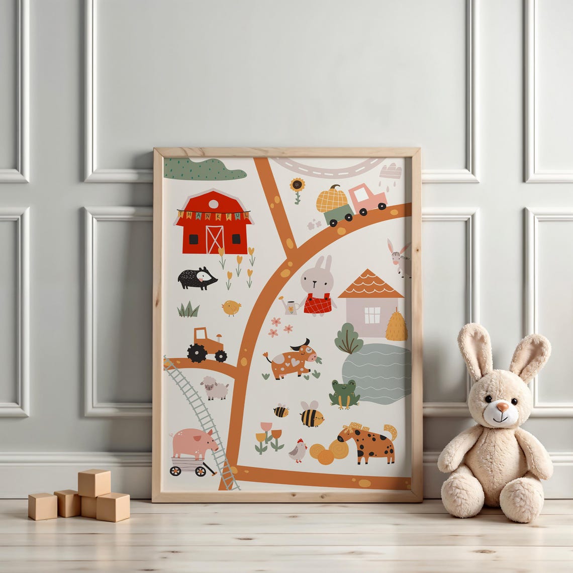 Whimsical Farm Animals Scene Map Educational Kids Room Wall Poster - Image 3