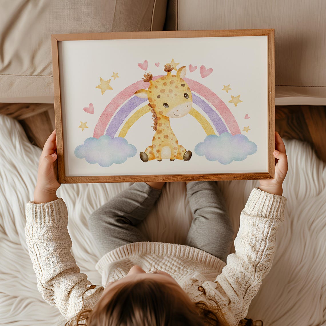 Baby Giraffe Beneath a Pastel Rainbow Watercolor Nursery Poster - Image 3