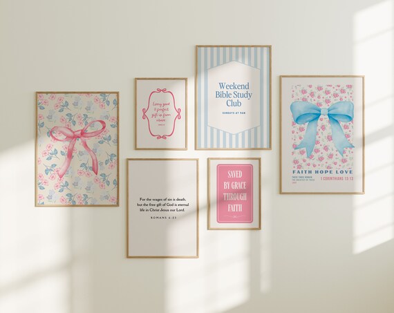 Coquette Christian Gallery Wall Art Set Six Pink Bow Floral Scripture Verses