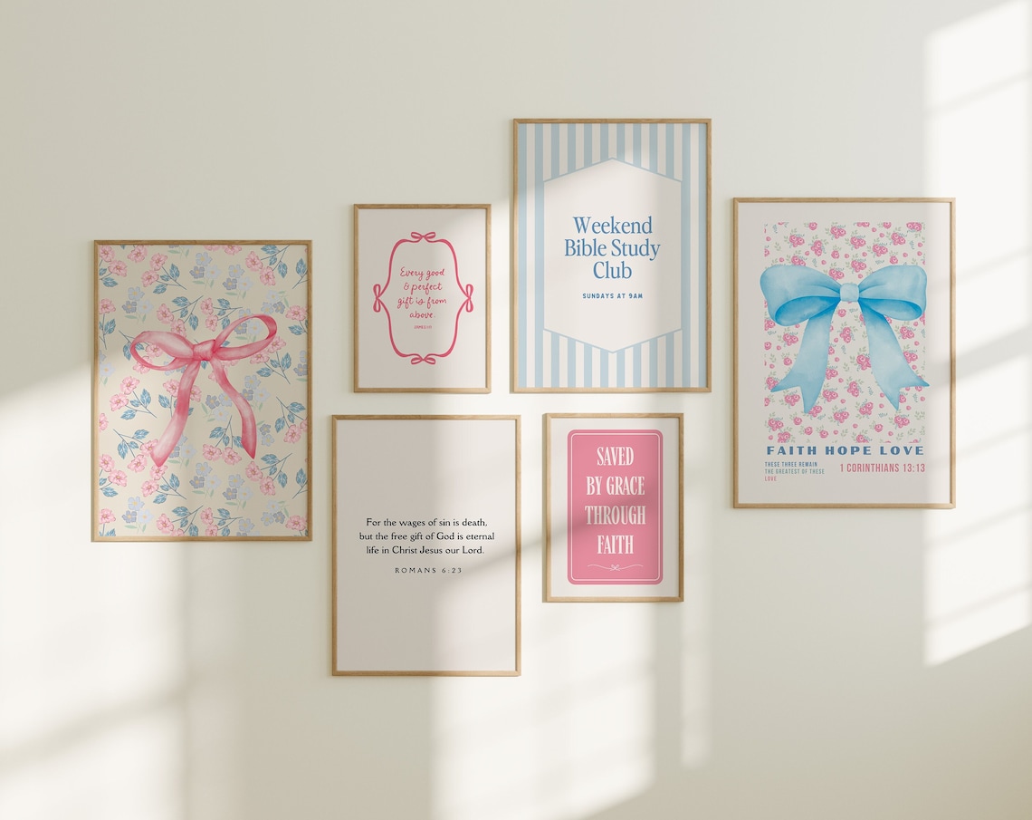 Coquette Christian Gallery Wall Art Set Six Pink Bow Floral Scripture Verses