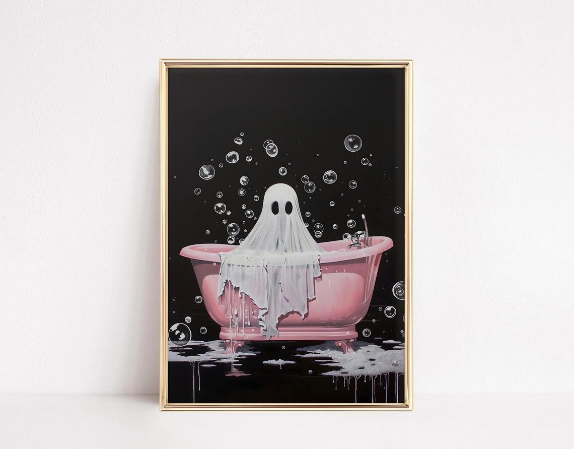 Spooky Ghost In Pink Bathtub, Halloween Bathroom Art