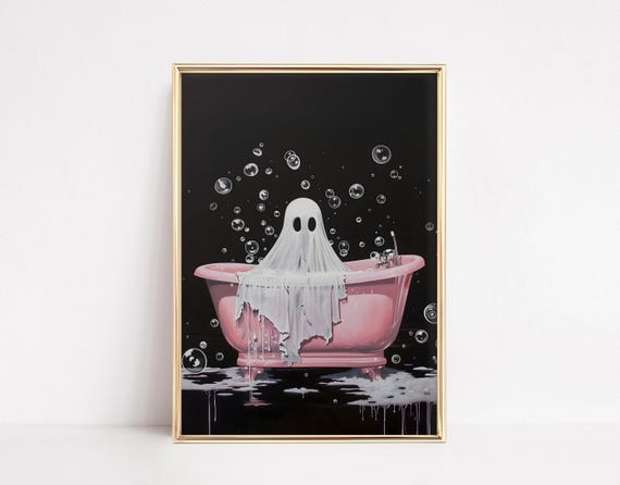 Spooky Ghost In Pink Bathtub, Halloween Bathroom Art