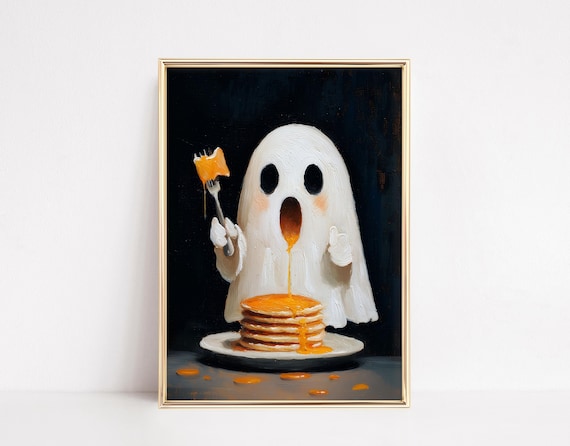 Cute Ghost Pancakes Poster Spooky Halloween Kitchen Oil Painting