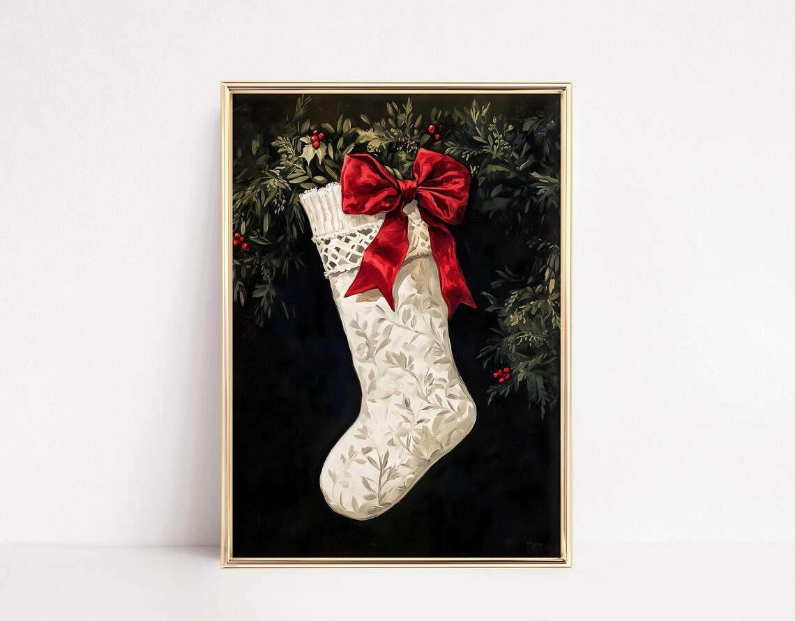 Vintage Christmas Stocking, Red Bow Decor