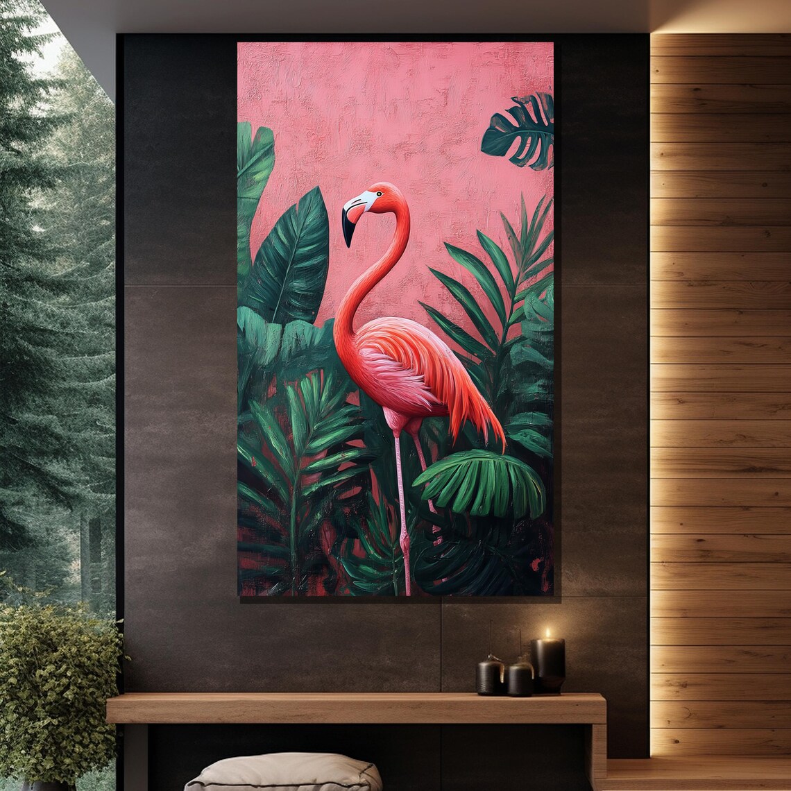 Pink Flamingo Tropical Palm Leaves Modern Bird Jungle Scene Poster - Image 2