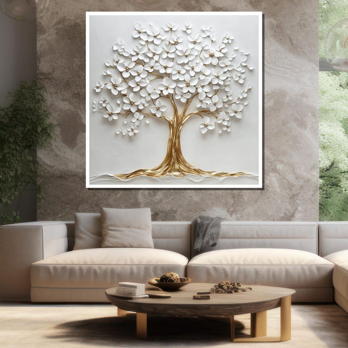 Gold Tree Of Life With White Blossoms 3D Textured Art Poster - Image 3