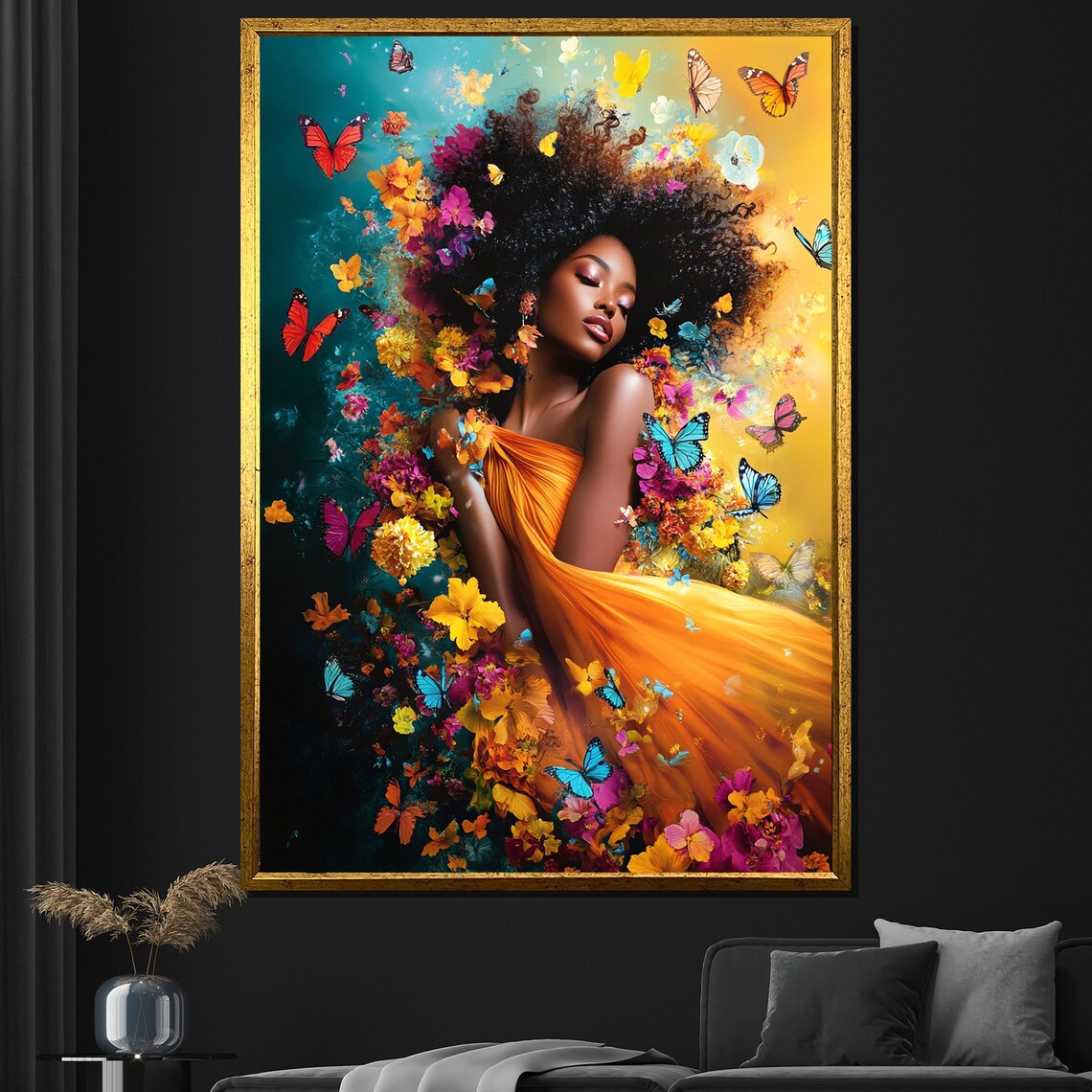 African Woman Butterfly Floral Portrait Vibrant Orange Dress Wall Art