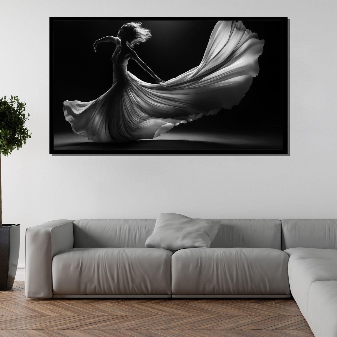 Woman Dancing In Flowing Gown Black And White Dramatic Art Poster - Image 5