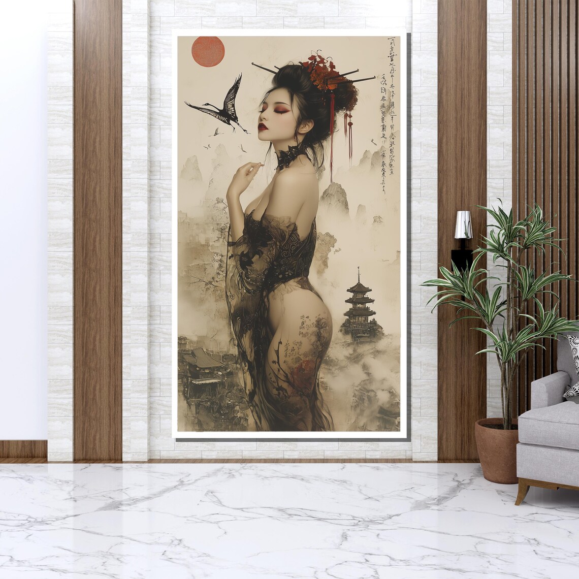 Geisha and Red Sun Japanese Asian-Inspired Art Print - Image 3