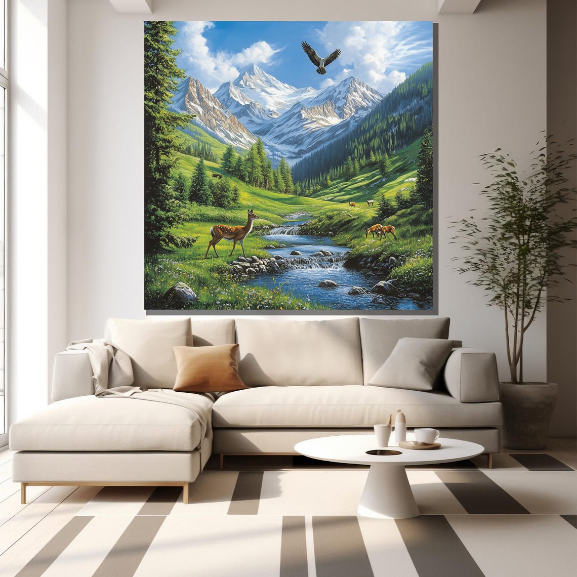 Mountain Deer River Alpine Meadow Wildlife Scenic Nature Wall Art - Image 2