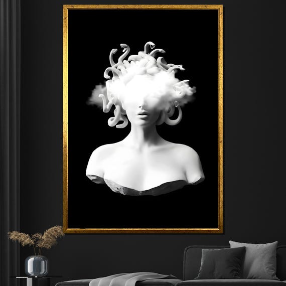 Modern Medusa Bust Black And White Abstract Wall Art With Cloud Effect For Home Decor Or Gift