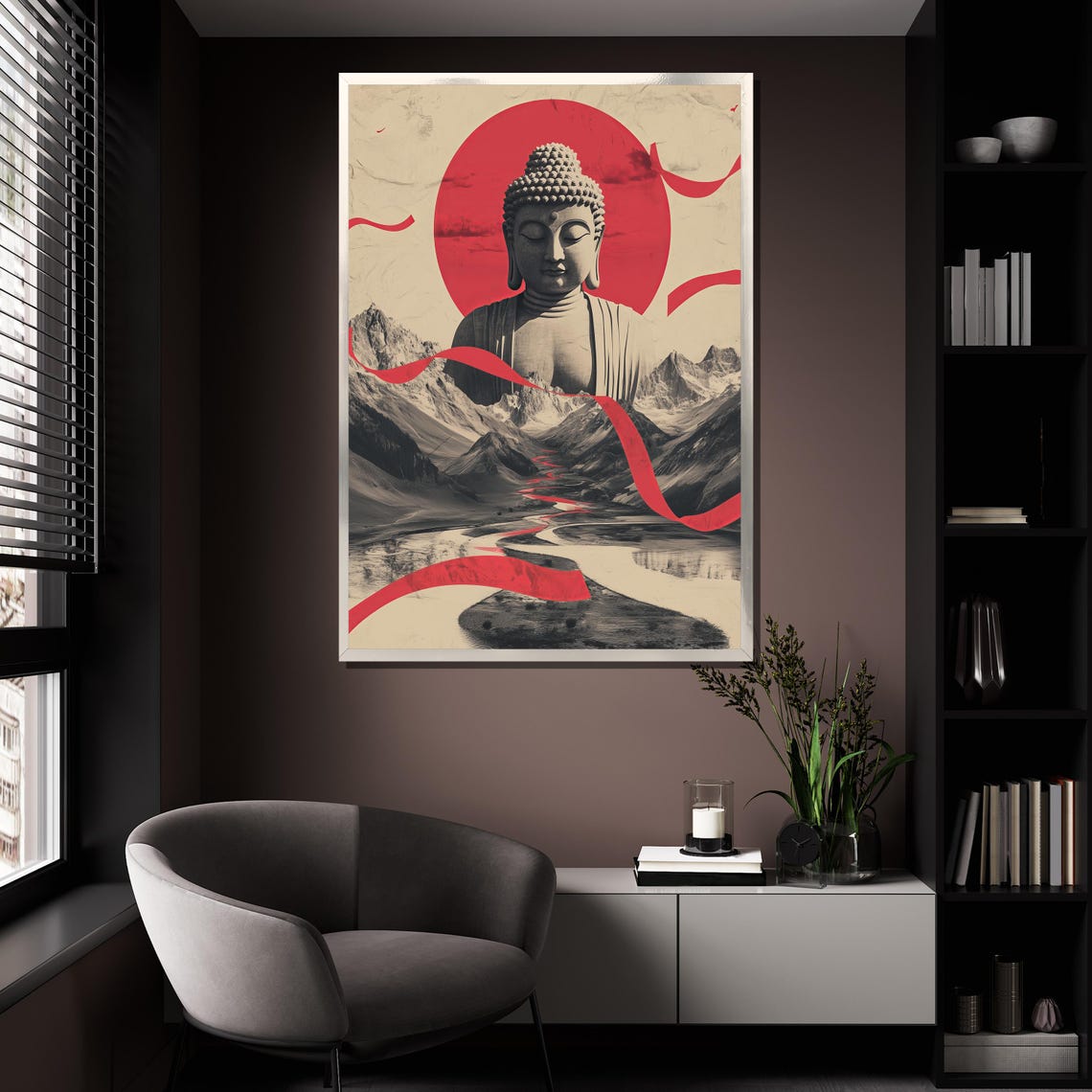 Japanese Buddha Red Sun Mountain Landscape Modern Zen Ink Style Poster - Image 4